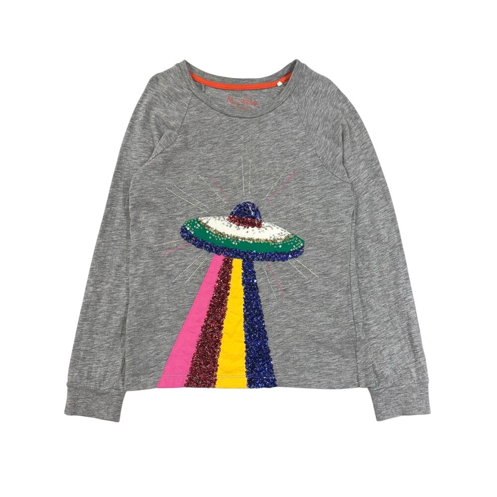 Mini Boden Girls UFO Spaceship Sequin Heather Grey Long Sleeve T-Shirt Size 8-9Y